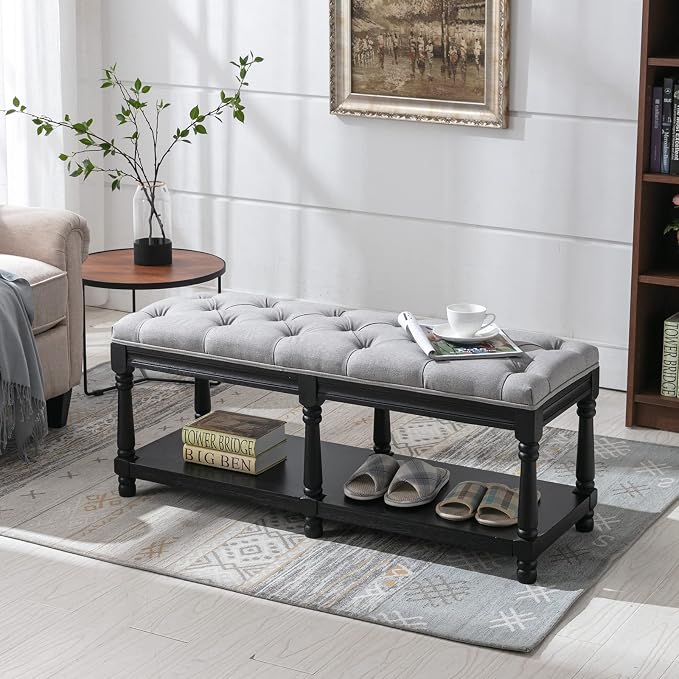Farmhouse Storage Bench Wooden Entryway Linen Upholstered Ottoman Button Tufted - Image 5