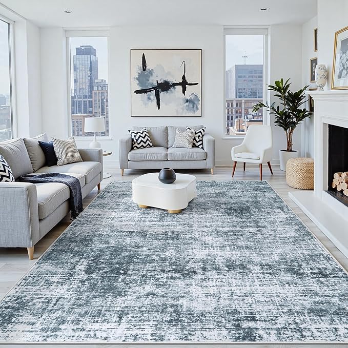10x14 Area Rug for Living Room Bedroom: Non-Slip Modern Light Slate Blue | - Image 8