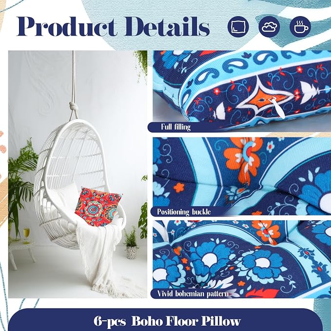 Menkxi 6 Pcs Bohemian Floor Pillows Seating 15 Inch Boho Floor Cushions Sitting - Image 3