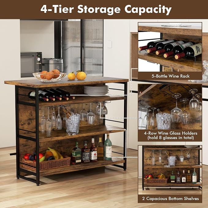 PETSITE Industrial Home Bar Unit, Stationary Kitchen Island w/ 4-Tier Storage - Image 5
