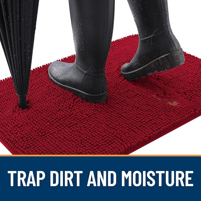 OLANLY Dog Door Mat for Muddy Paws 30x20, Super Absorbent Chenille Mud Mat | Red - Image 2