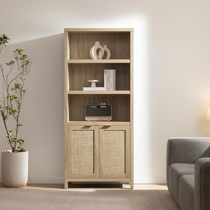SICOTAS Bookcase 71" Tall Bookshelf 5 Tier Rattan Boho Bookcase - Image 4