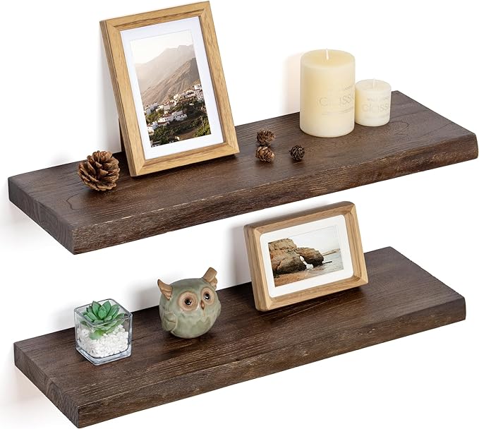 Floating Shelves for Wall Decor, Rustic Solid Elm Wood Live Edge Floating by FLYJOE