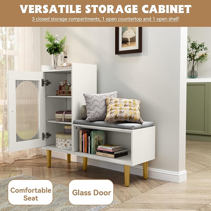 HLR Storage Bench with Glass Door&Shelf, Modern Entryway Shoe Cabinet Bench - Image 3