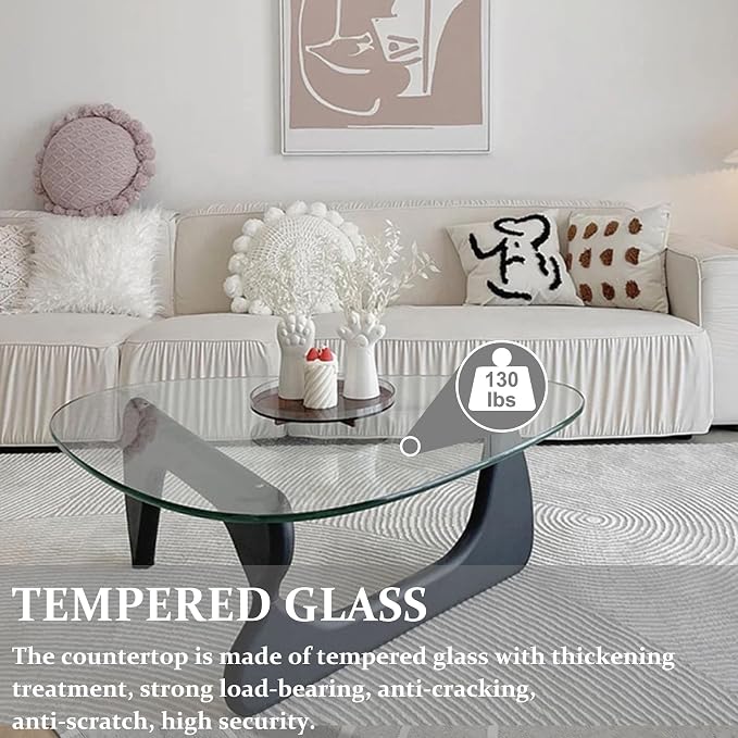 Mid-Century Modern Coffee Table, Tempered Glass Top & Natural Wood Base - Image 3