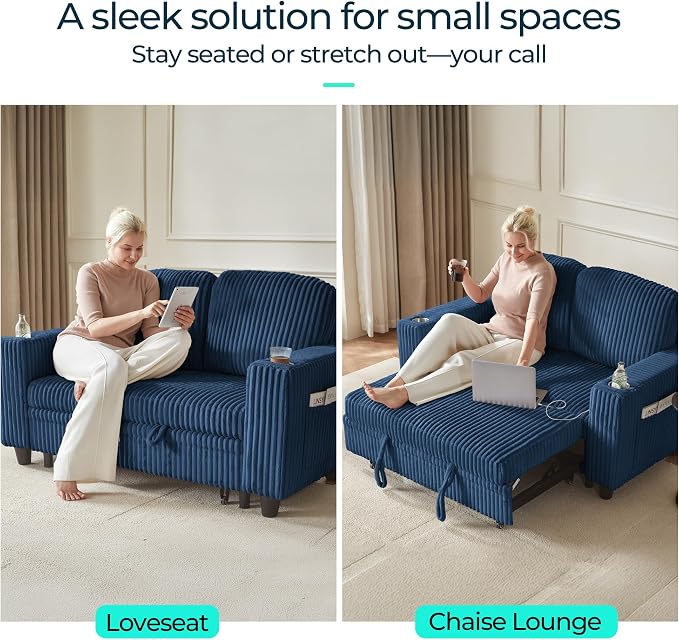 LINSY HOME Loveseat Sofa with Pull Out Couch Chaise: 2-in-1 Convertible 2 - Image 4