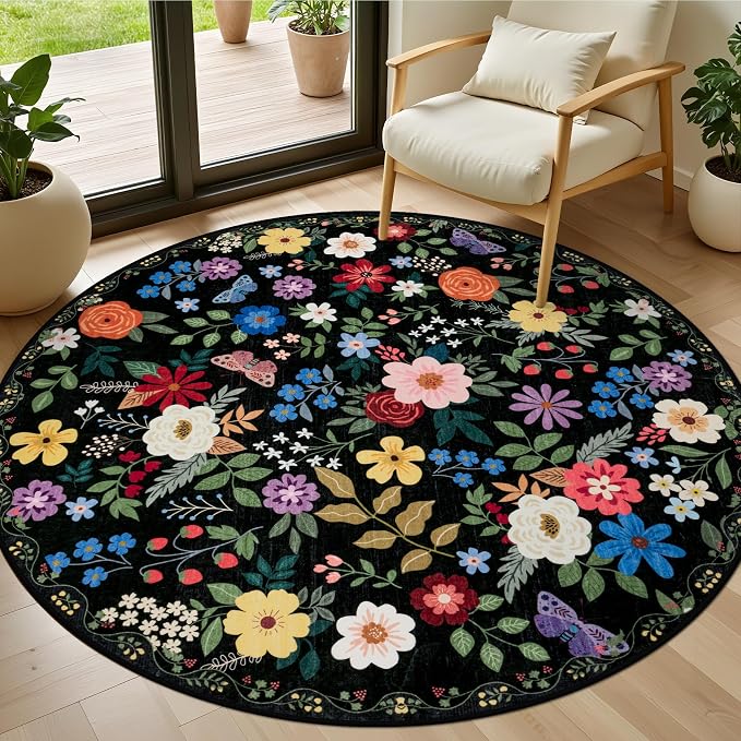 PLHXFR Round Area Rug Living Room: 4 ft Floral Washable Soft Carpet Black | by PLHXFRSoftAreaRugs