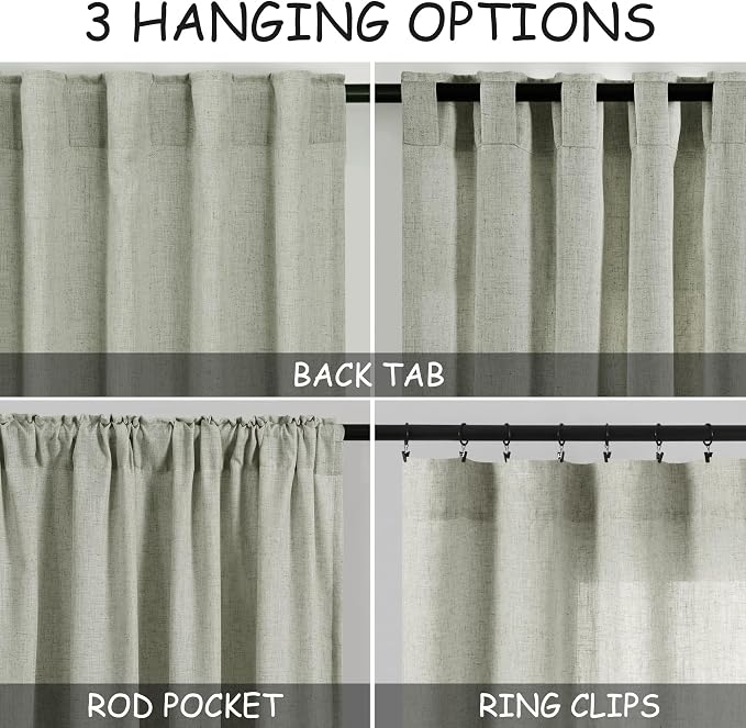 Sage Green Linen Blend Drapes 84 Inch Length 2 Panels Set Back Tab Rod Pocket - Image 3