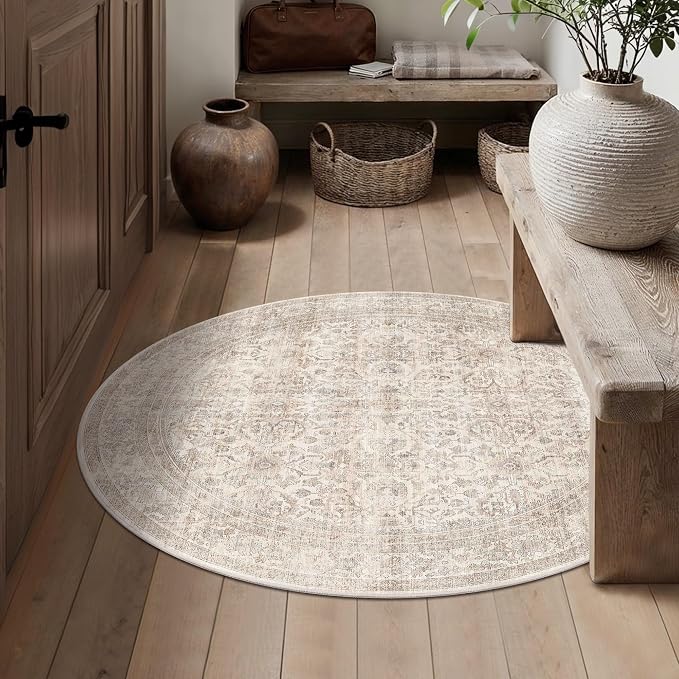 Schweek 4ft Round Rug Neutral Beige Washable Non-Slip Circle Rug Area Rugs | by Schweek