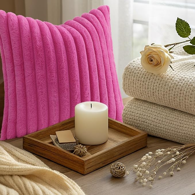 decorUhome Fall Faux Fur Throw Pillow Covers 18x18 Set of 2 Hot Pink | - Image 9