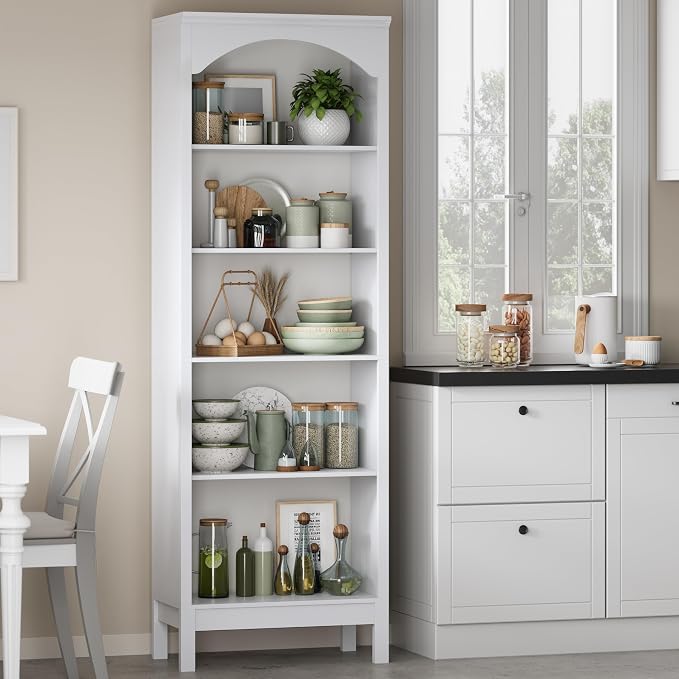 Arched Bookshelf with 5 Tier Open Shelves, Study and Living Room, Modern White - Image 8