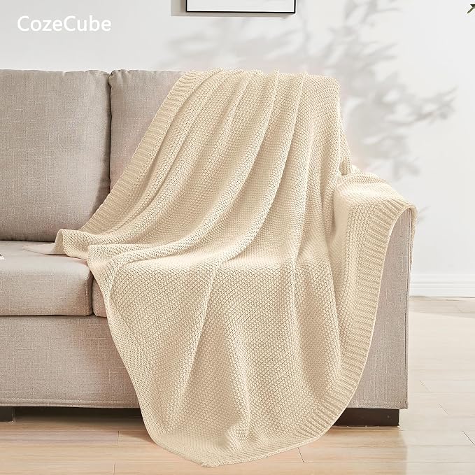 CozeCube Light Beige Seed Stitch Throw Blanket 50"x60", Farmhouse Decor | - Image 3