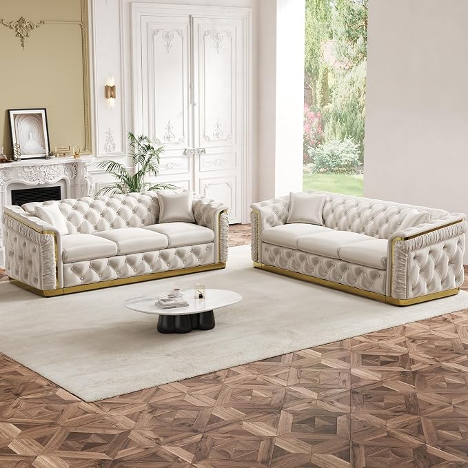 Luxury Chesterfield Sofa Set of 2, Velvet Tufted Couch Victorian Black and Gold - Image 5