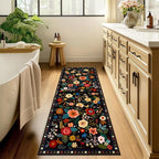 Floral Washable 2x8 Area Rugs Runner Entryway Hallway Black | Flower Carpet - Image 8