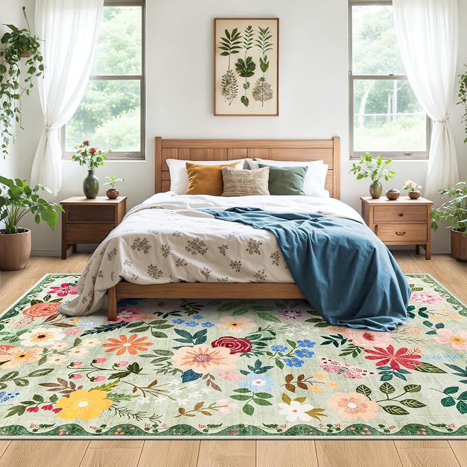PLHXFR Area Rug 10x14 Living Room: Floral Washable Boho Soft Carpet Green | - Image 3