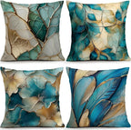 OBSEDE Teal and Gold Leaf Decorative Throw Pillow Covers 18x18 Set of 4 by OBSEDE