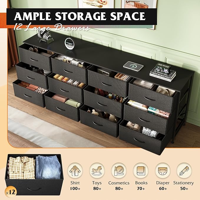 WLIVE 75.5'' Black Dresser for Bedroom, TV Stand for 85, 65 Inch TV, 12 Drawer - Image 5