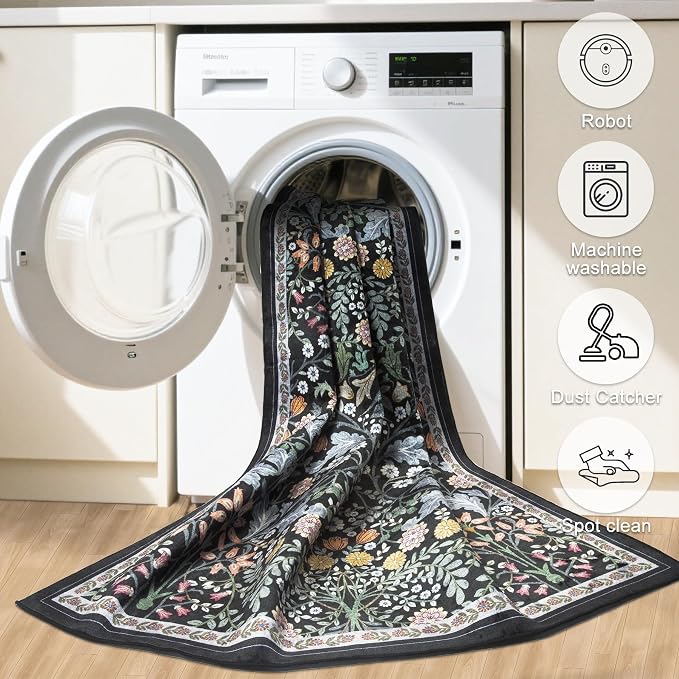 PLHXFR 8x10 Area Rug Living Room: Floral Washable Boho Carpet Dark Black | - Image 5