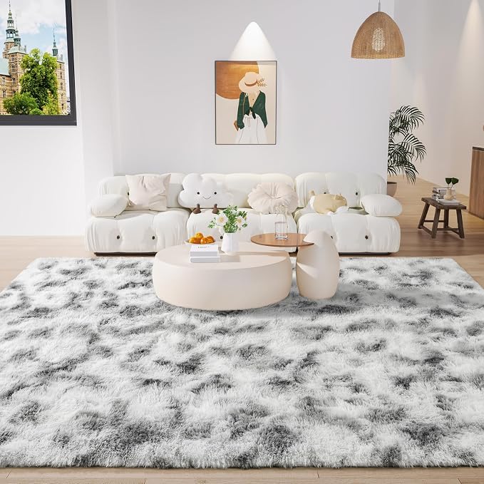 LOCHAS 8x10 Area Rugs Fluffy Living Room Bedroom Rug, Tie-Dyed Grey & White | - Image 2
