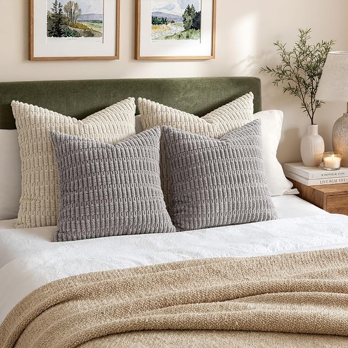 MIULEE Euro Sham Corduroy Decorative Throw Pillow Covers 24x24 Light Grey | - Image 2