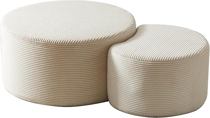 Modern Nesting Coffee Table Set of 2 in Beige, Upholstered Round Living Room - Image 4