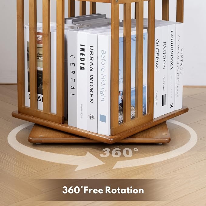YOWOS Rotating Bookshelf Tower, 360° Display Spinning Bookcase, Bamboo - Image 5