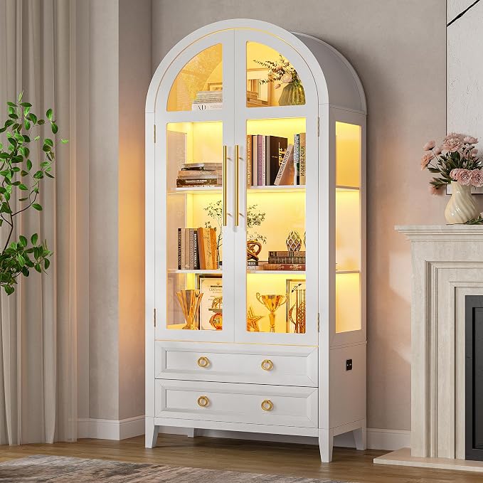 Arched Curio Cabinet with Glass Doors, 4-Tier Display Cabinet with 2 Drawers - Image 3