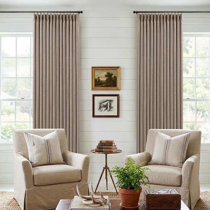 Deep Flax Linen Pinch Pleated 100% Blackout 92 Inch Curtains 2 Panels | Greige - Image 8