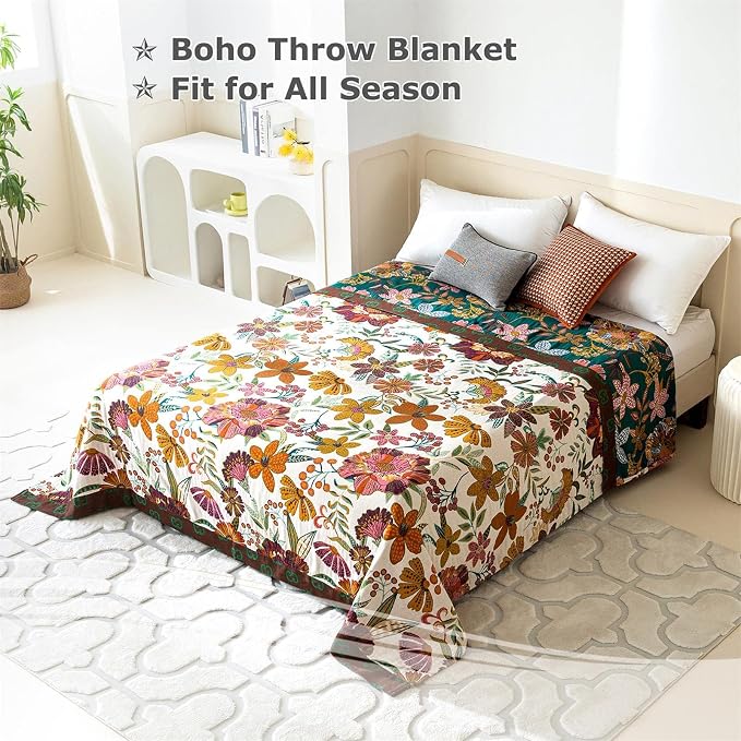 LUTBM Boho Throw Blanket for Bed 100% Cotton Soft Breathable Quilt Floral - Image 3