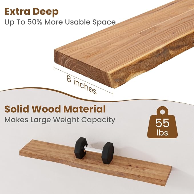 Floating Shelves for Wall Decor, Rustic Solid Elm Wood Live Edge Floating - Image 5