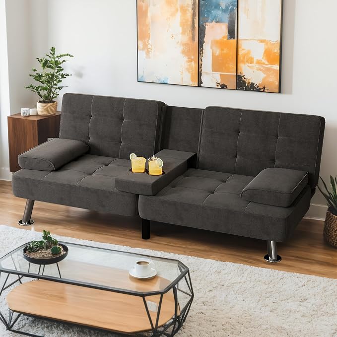 Shahoo Modern Linen Upholstered Convertible Folding Futon Sofa Bed by BuynowfromShahoo