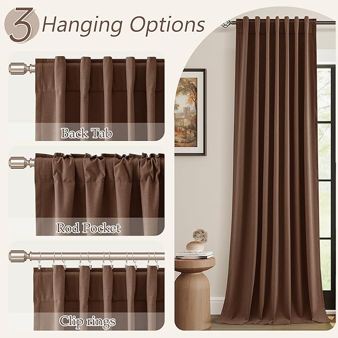 Rustic Brown 100% Blackout Linen Curtains 84 Inch Length 2 Panels Set - Image 6