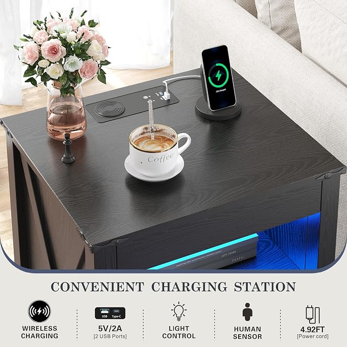 HWB LED Nightstand with Gun Drawer: Bedside Table with Charging Station - Image 3