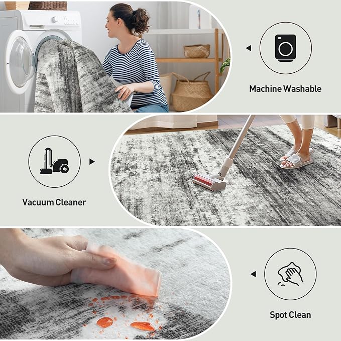 10x14 Area Rugs for Living Room: Washable Abstract Black Grey Carpet | Non-slip - Image 4
