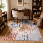 Area Rug 4x6 Orange Blue Rug Washable Boho Rugs Non Slip Low Pile Abstract - Image 3