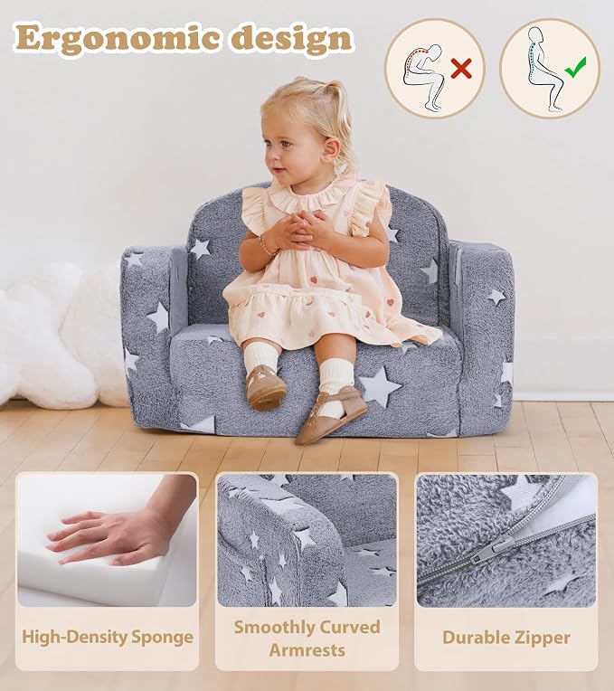 Kids Couch, 2-in-1 Soft Toddler Couch Fold Out - Image 7