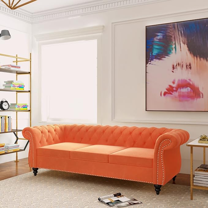ORRD 2 Piece Living Room Set, Velvet Chesterfield Sofa Loveseat Couch - Image 6