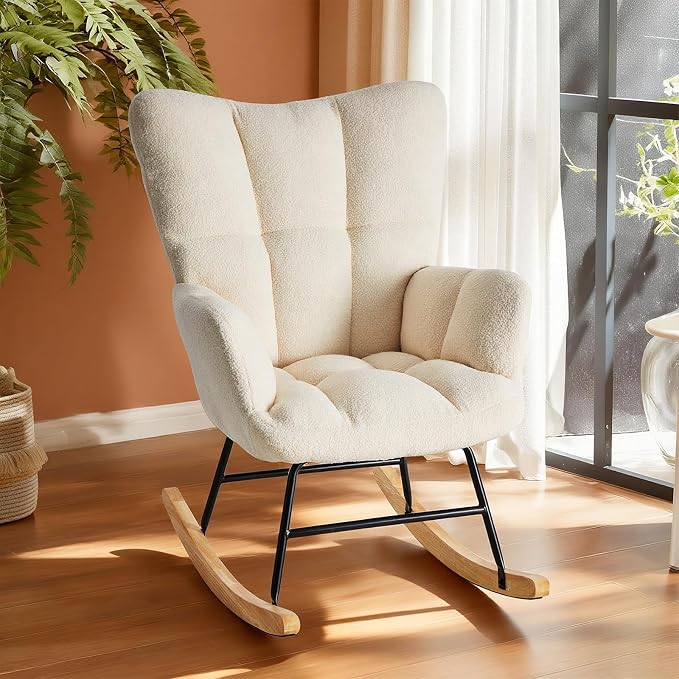 DUMOS Rocking Chair with Wing Backrest, Soft Padded Teddy Upholstered Indoor - Image 5