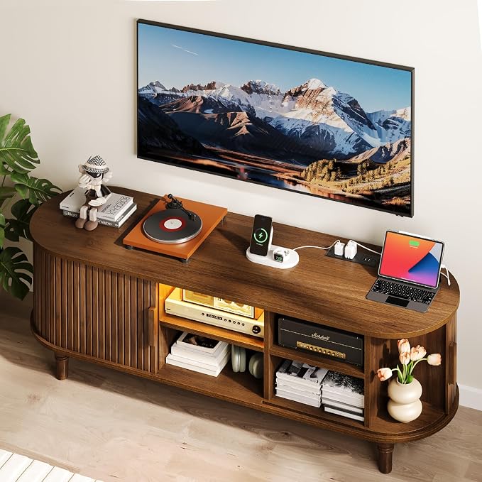 TV Console with Power Outlet-55 Entertainment Center with Sliding Tambour Door - Image 7