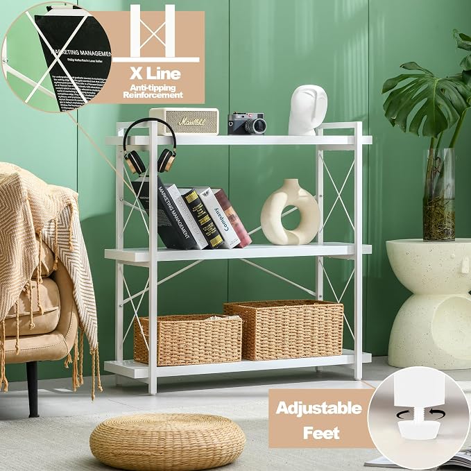 HCHQHS Bookshelf, 3-Tier Industrial Bookcase, Freestanding Horizontal - Image 6