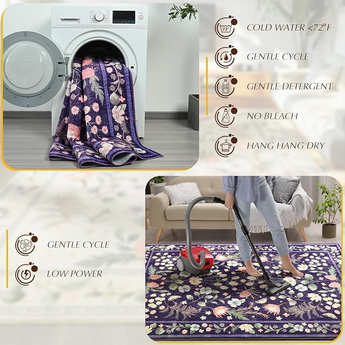 Area Rugs for Living Room, Washable 5x7 Purple Blue Vintage Rug for Bedroom - Image 4