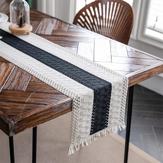 Macrame Table Runner Cream Beige and Black Boho Table Runners - Image 3