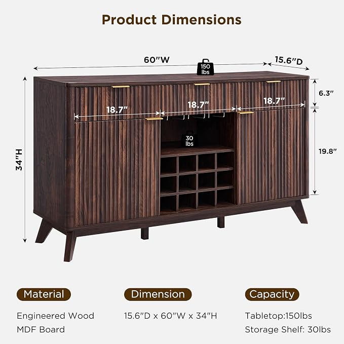 OKD Fluted Wine Bar Cabinet, 3 Drawers, 4 Glass Holders & 12 Wine Racks - Image 2