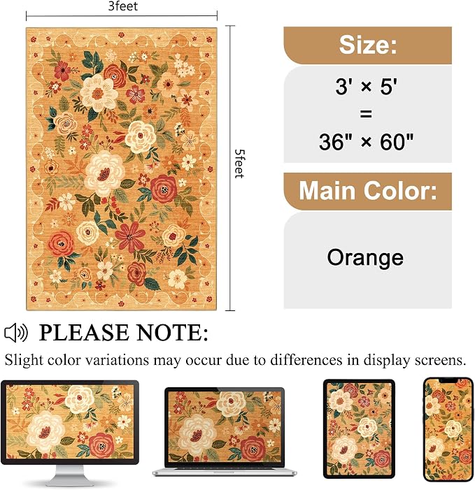 DUKINO 3x5 Area Rug, Floral Washable Rug - Image 2