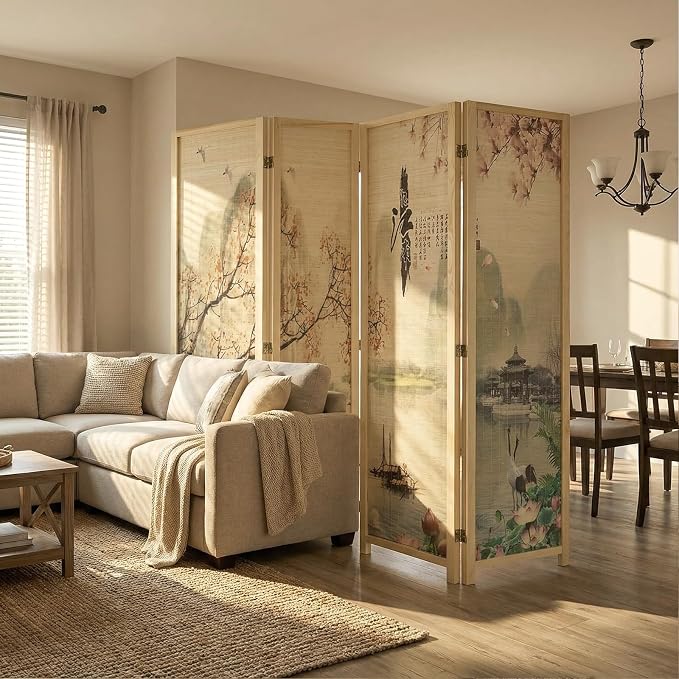 MyGift 4-Panel Folding Bamboo Room Divider Asian-Inspired Cherry Blossom Scene - Image 3
