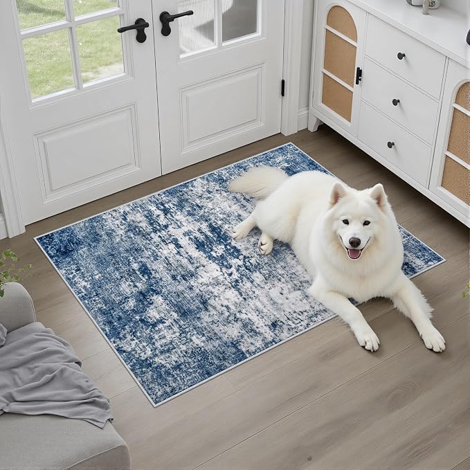 2x3 Washable Entryway Rug: Modern Abstract Indoor Soft Carpet Blue | - Image 2