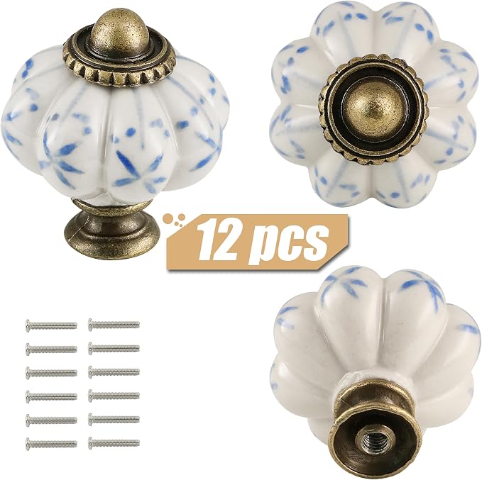Ivory & Blue Pumpkin Knobs 12 Pack Ceramic Cabinet Knobs Vintage Drawer Pulls - Image 2