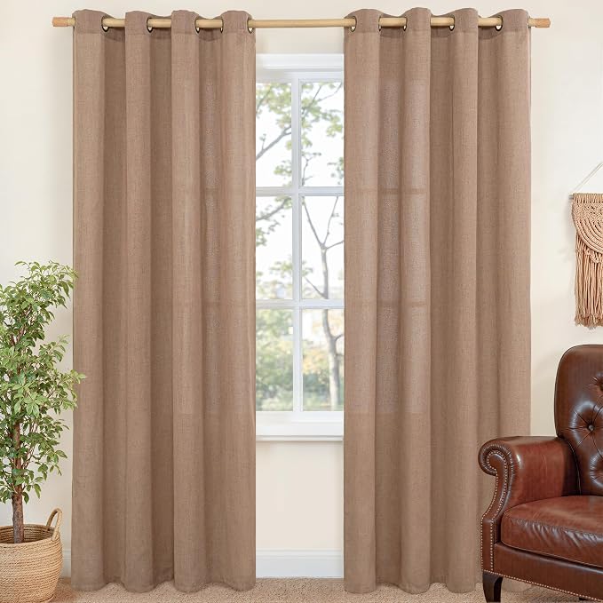Mocha Brown Linen Semi Sheer Curtains 52X80 Inch Length by YoungsTex
