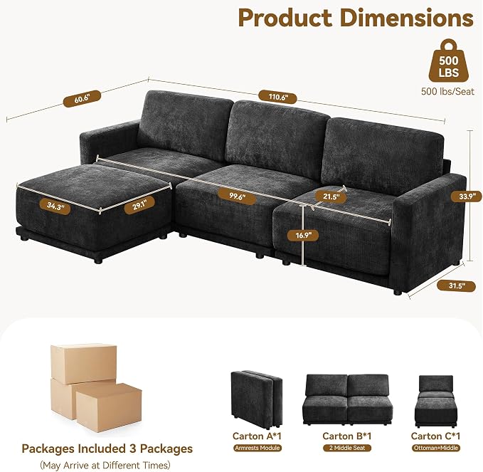 110.6" L Shaped Sectional Sofa, Modular Cloud Deep Seat Couch - Image 2