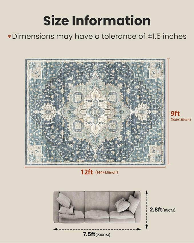 AMADA HOMEFURNISHING 9x12 Washable Area Rug, Low-Profile Large Area Rug - Image 2